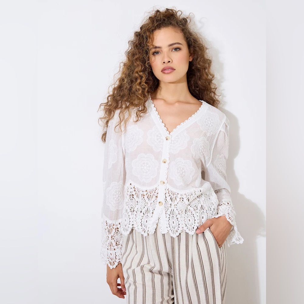 APRICOT 🍑- White Lace Button-Front Women's Top